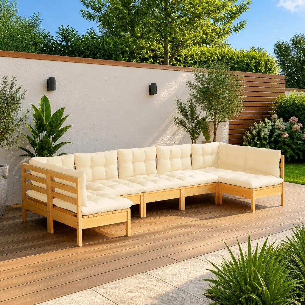 Garden Lounge Set Modular Outdoor Patio Furniture 7 Piece Solid Pinewood Cream