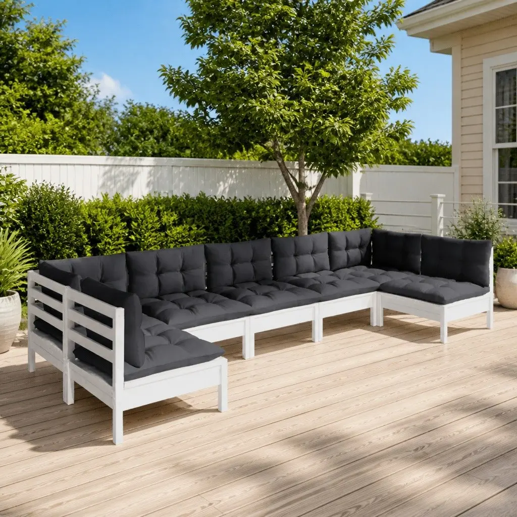 Garden Lounge Set 7 Piece White Solid Pinewood Patio Furniture with Cushions