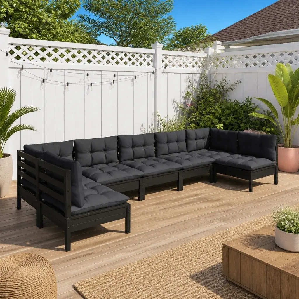 7 Piece Garden Lounge Set with Cushions Black Solid Pinewood