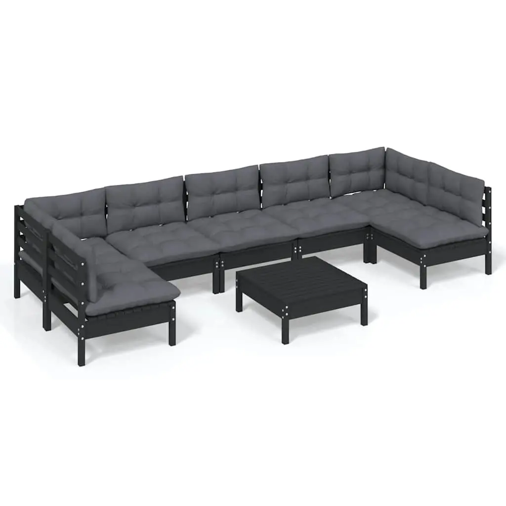 Garden Lounge Set Outdoor Patio Furniture 8 Piece with Cushions Black Pinewood