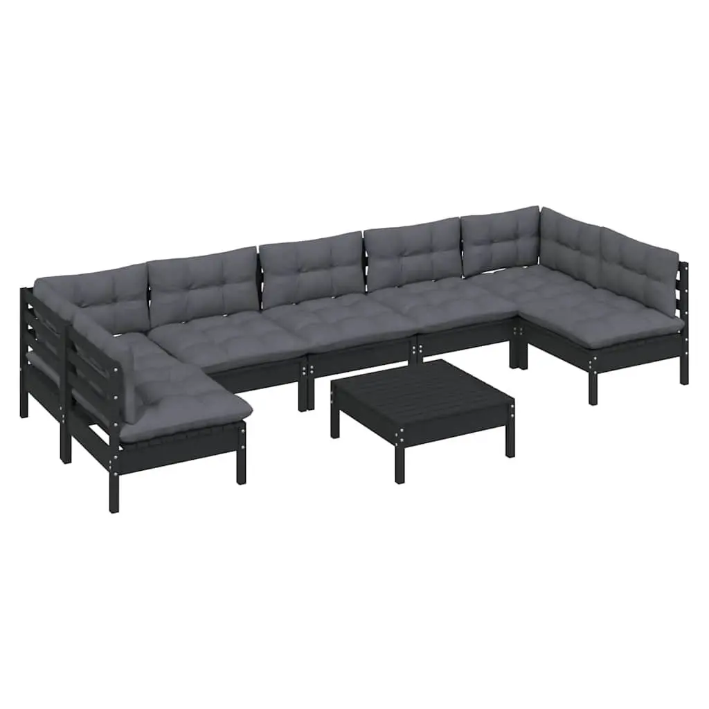 Garden Lounge Set Outdoor Patio Furniture 8 Piece with Cushions Black Pinewood