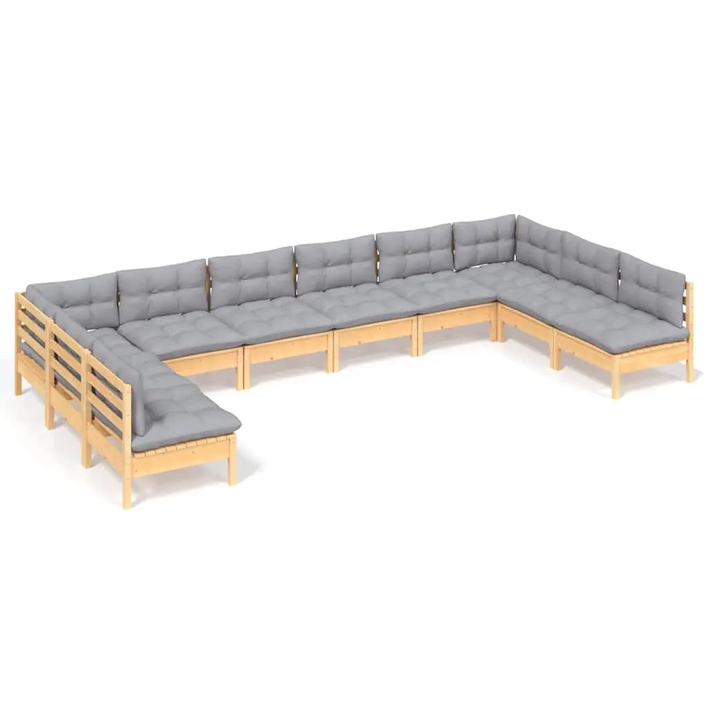 Garden Lounge Set 10 Piece Outdoor Furniture Grey Cushions Solid Pinewood