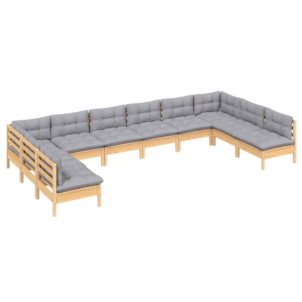 Garden Lounge Set 10 Piece Outdoor Furniture Grey Cushions Solid Pinewood