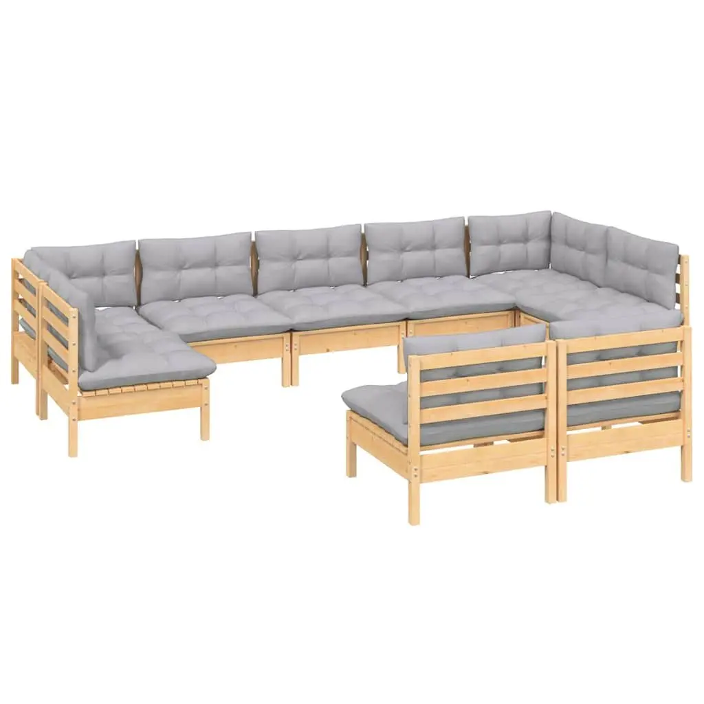 Garden Lounge Set 9 Piece Outdoor Patio Furniture Grey Cushions Pinewood