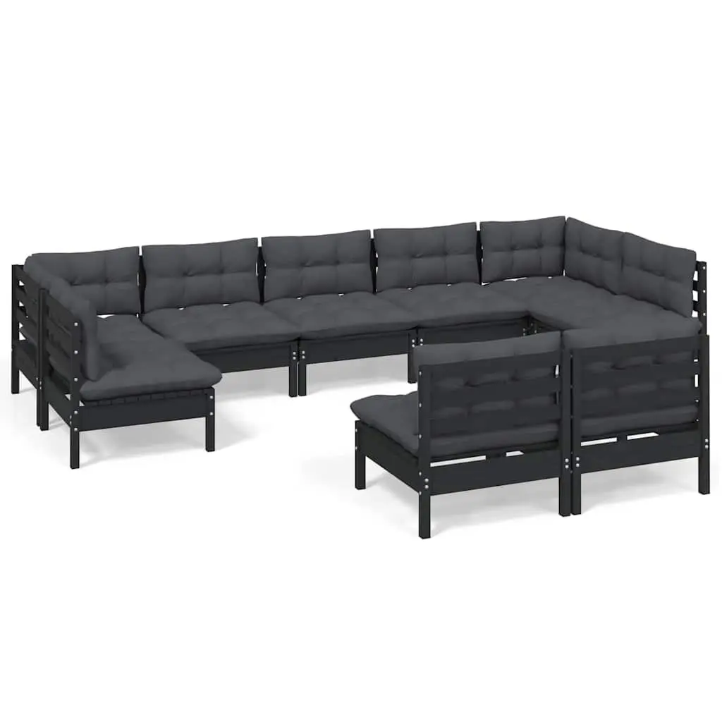 9 Piece Garden Lounge Set Outdoor Patio Furniture with Cushions Black Pinewood