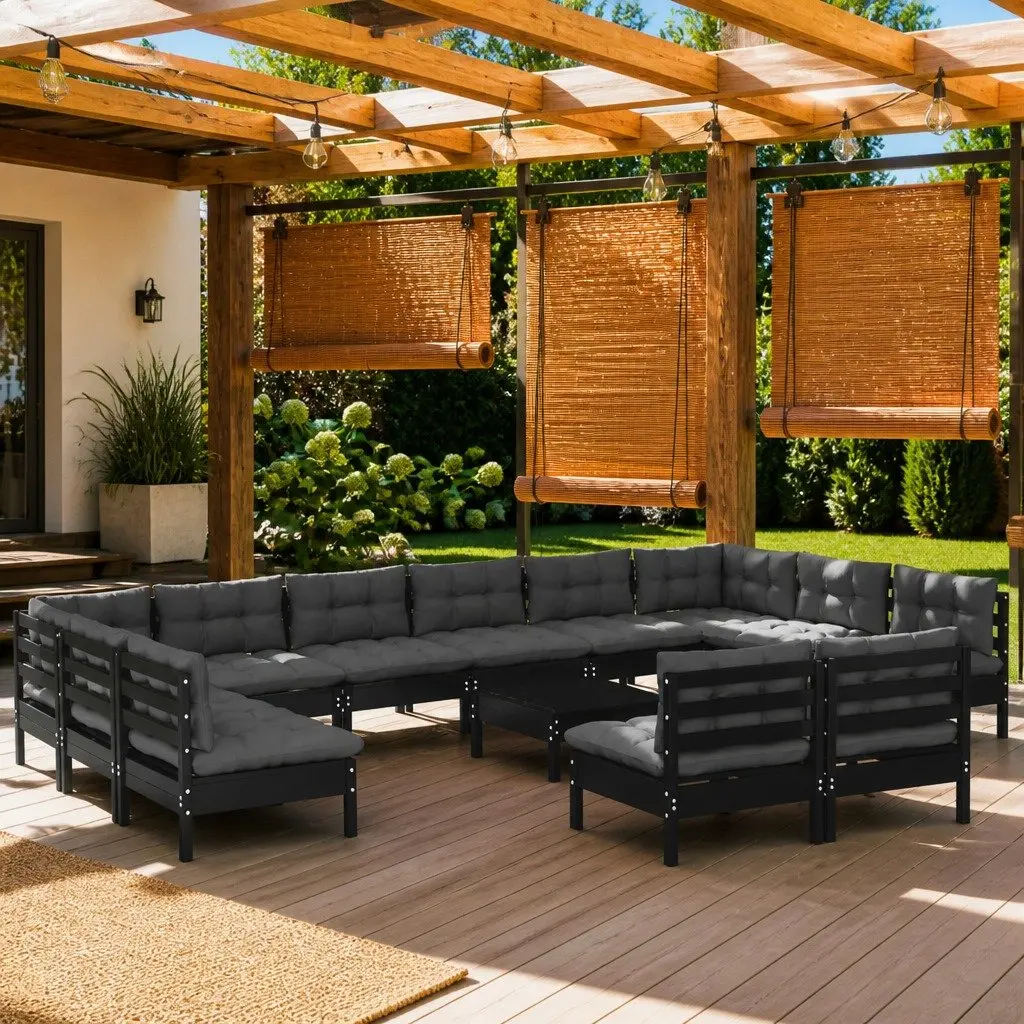 13-Piece Black Pinewood Lounge Set with Cushions