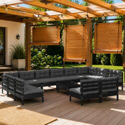 Reliable 13-Piece Black Pinewood Lounge Set with Cushions