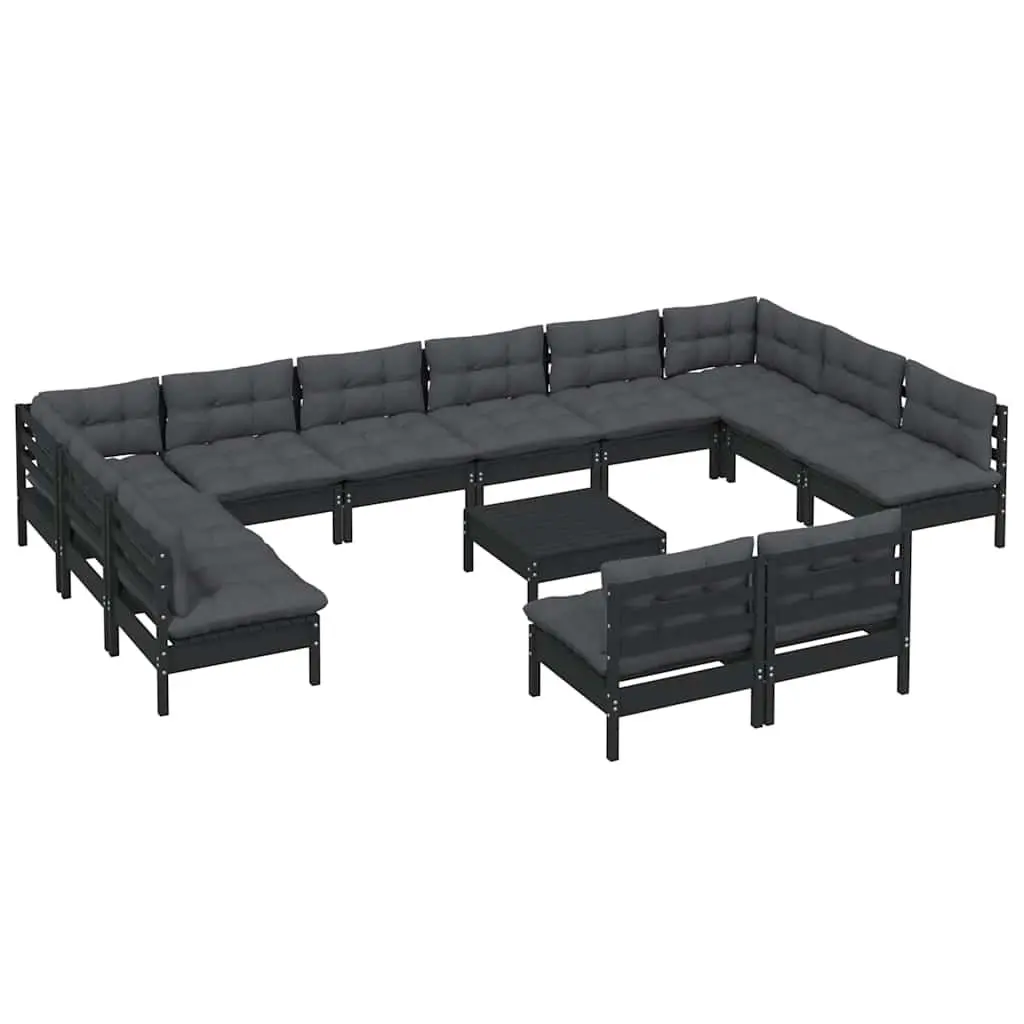 13-Piece Black Pinewood Lounge Set with Cushions