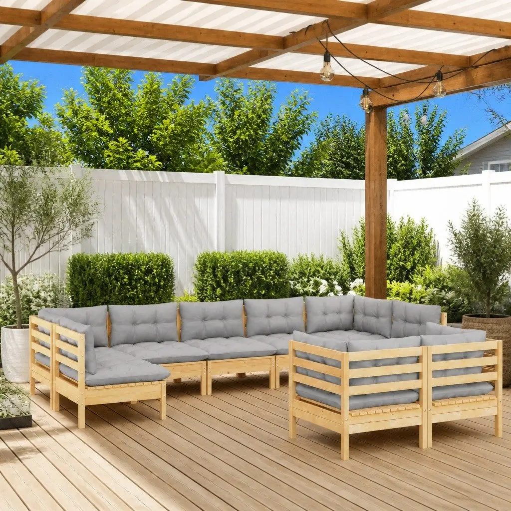 Garden Lounge Set 9 Piece Outdoor Patio Furniture Grey Cushions Pinewood