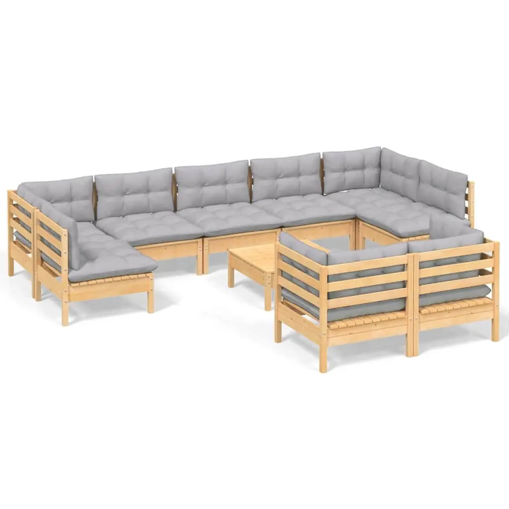 Garden Lounge Set 10 Piece Modular Patio Furniture Solid Pinewood Grey Cushions