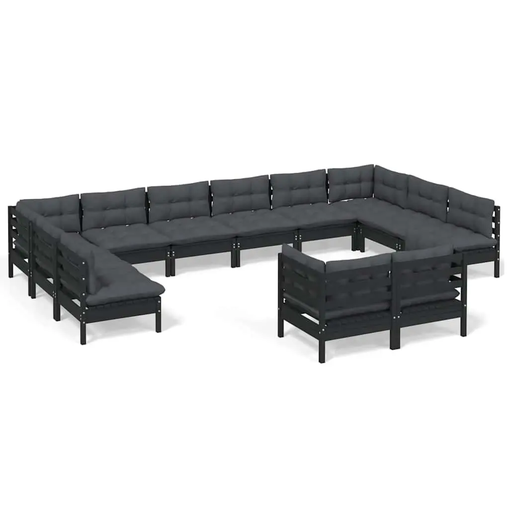 Garden Lounge Set 12 Piece Outdoor Furniture Black Pinewood with Cushions