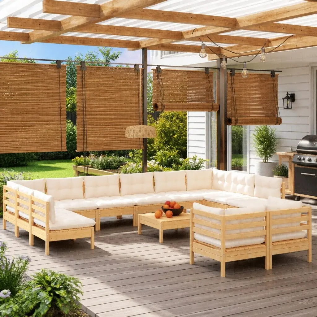 Garden Lounge Set 13 Piece Outdoor Patio Furniture Pinewood with Cream Cushions