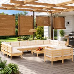 Durable 13-Piece Lounge Set - Pinewood with Cream Cushions