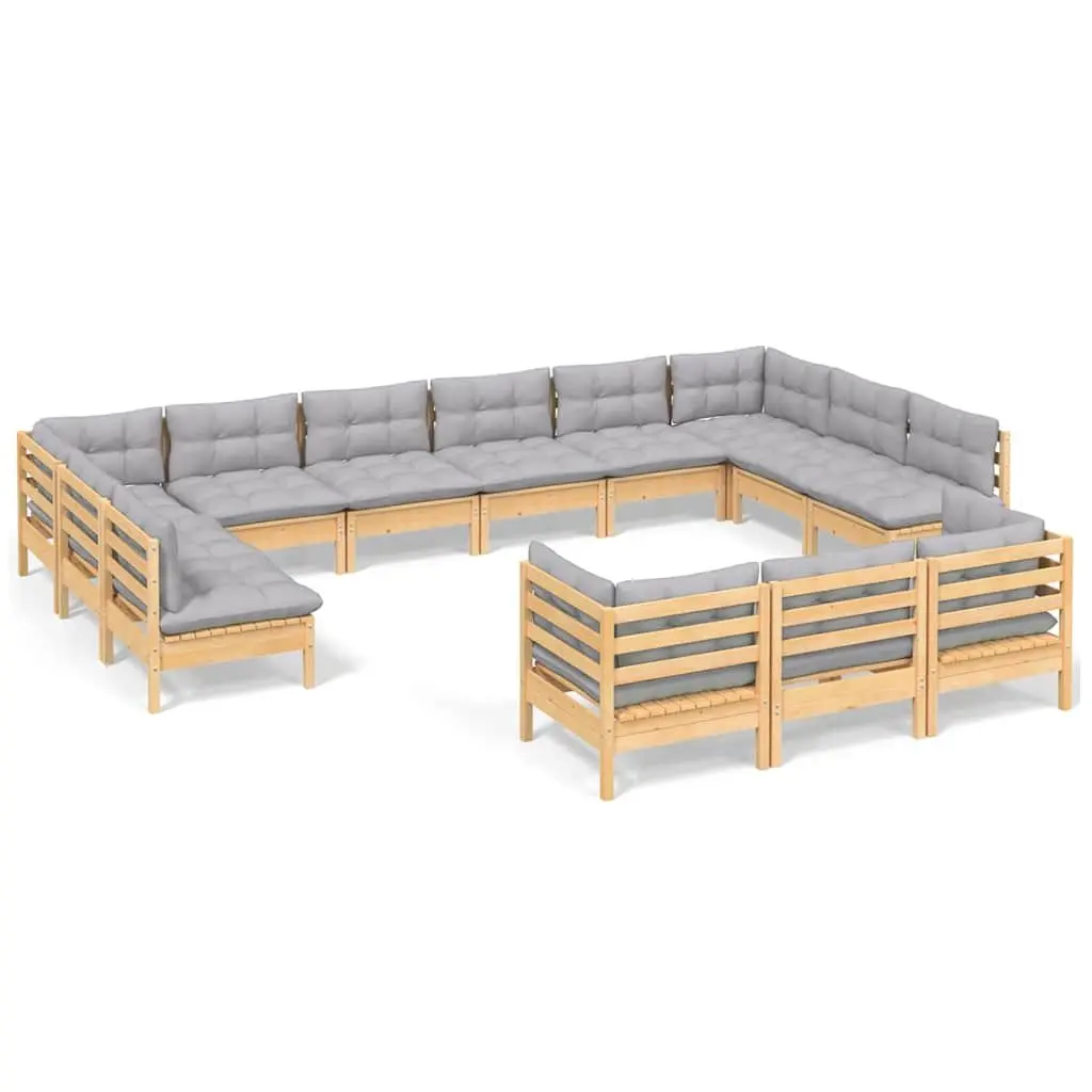 Wooden Garden Lounge Set 13 Piece Outdoor Patio Furniture Grey Cushions Pinewood