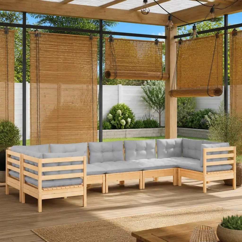 Wooden Garden Lounge Set 7 Piece Outdoor Furniture Grey Cushions Pinewood