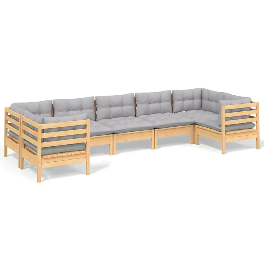 Wooden Garden Lounge Set 7 Piece Outdoor Furniture Grey Cushions Pinewood