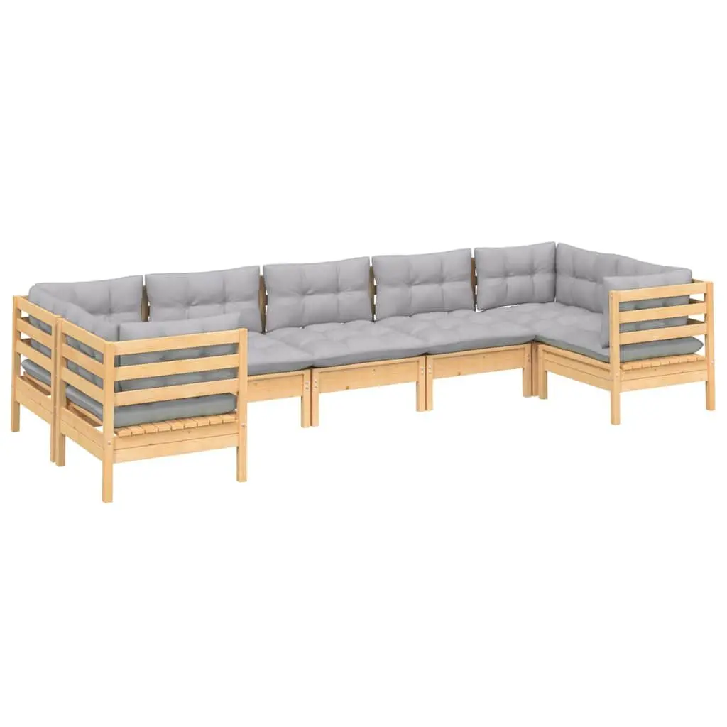 Wooden Garden Lounge Set 7 Piece Outdoor Furniture Grey Cushions Pinewood