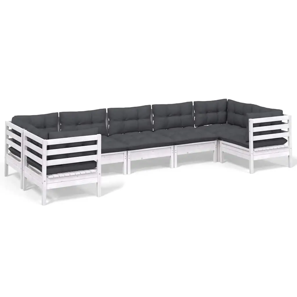 7 Piece Garden Lounge Set with Cushions White Solid Pinewood Outdoor Furniture