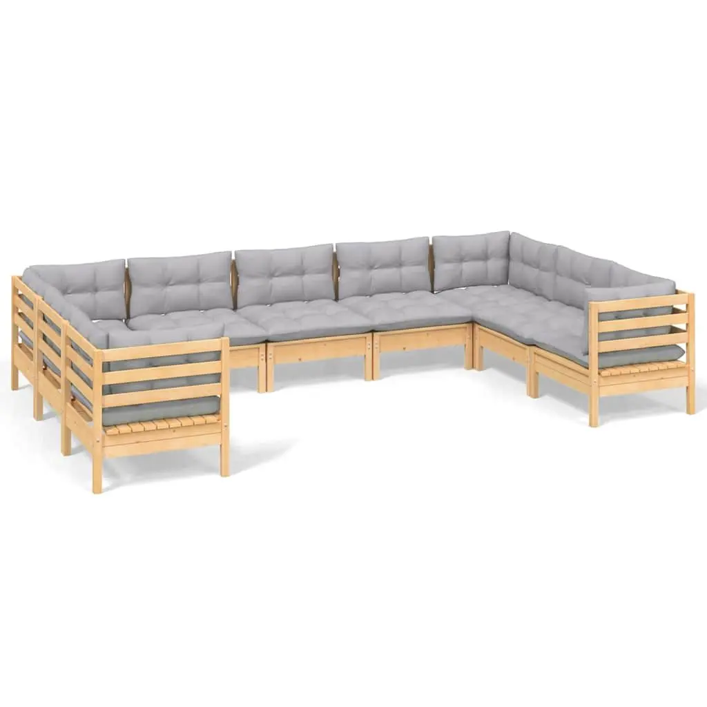 Garden Lounge Set 9 Piece Outdoor Patio Furniture Grey Cushions Pinewood