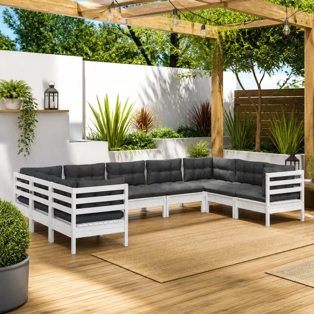 Garden Lounge Set 9 Piece Modular White Pinewood Patio Furniture with Cushions