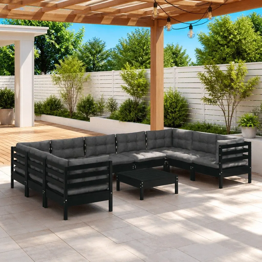 Garden Lounge Set 10 Piece Modular Pinewood Patio Furniture Black with Cushions