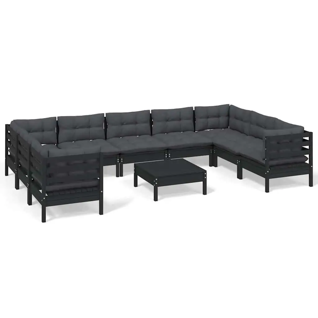 Garden Lounge Set 10 Piece Modular Pinewood Patio Furniture Black with Cushions