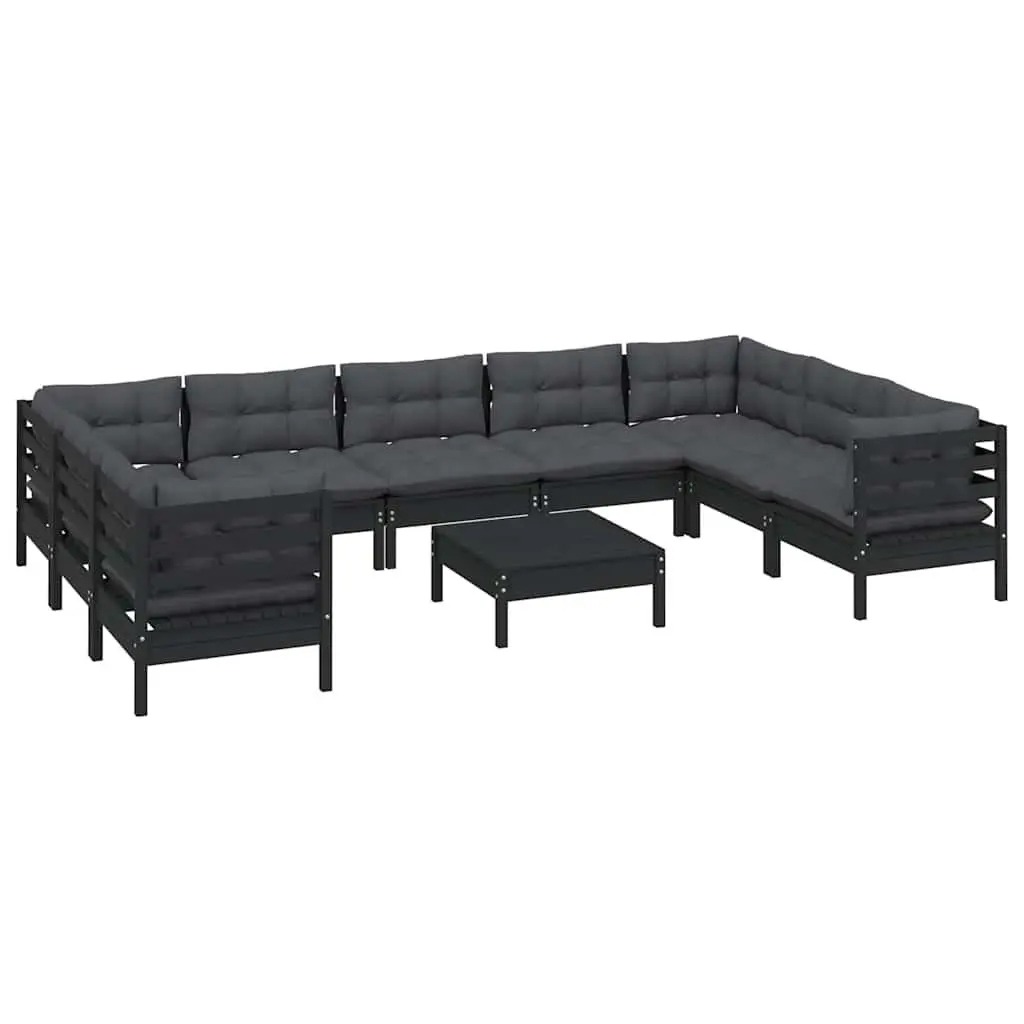 Garden Lounge Set 10 Piece Modular Pinewood Patio Furniture Black with Cushions