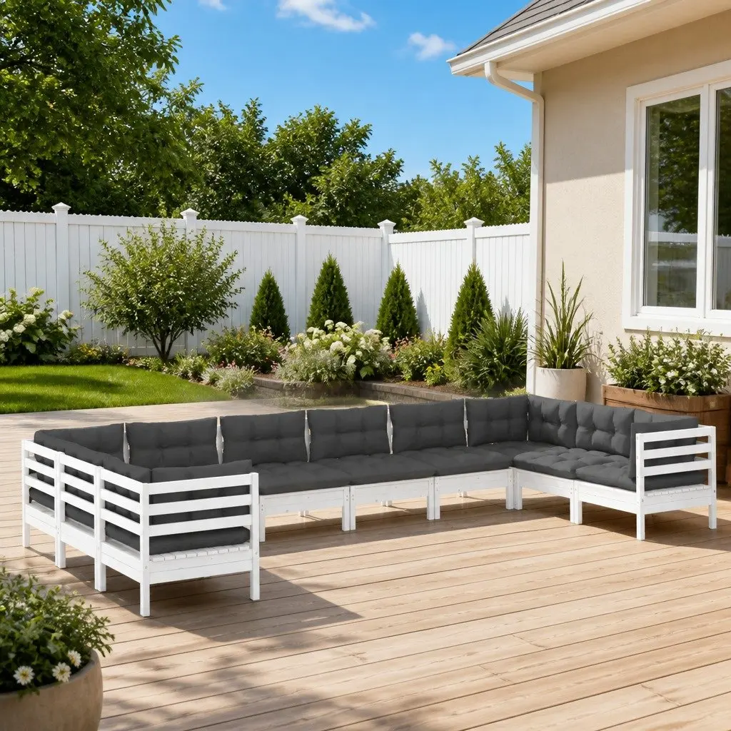 Garden Lounge Set 10 Piece Outdoor Furniture Pinewood with Cushions White
