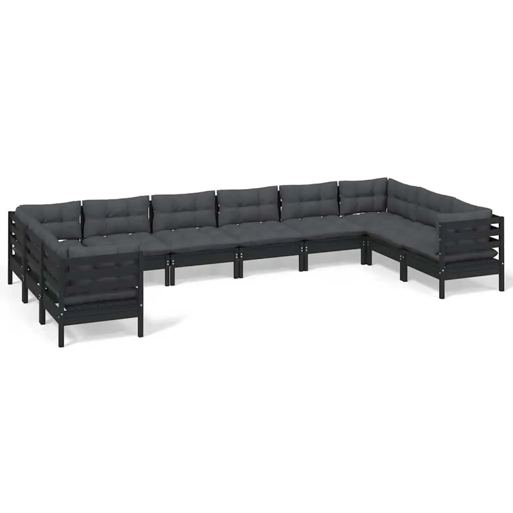Garden Lounge Set 10 Piece Black Pinewood Outdoor Furniture with Cushions