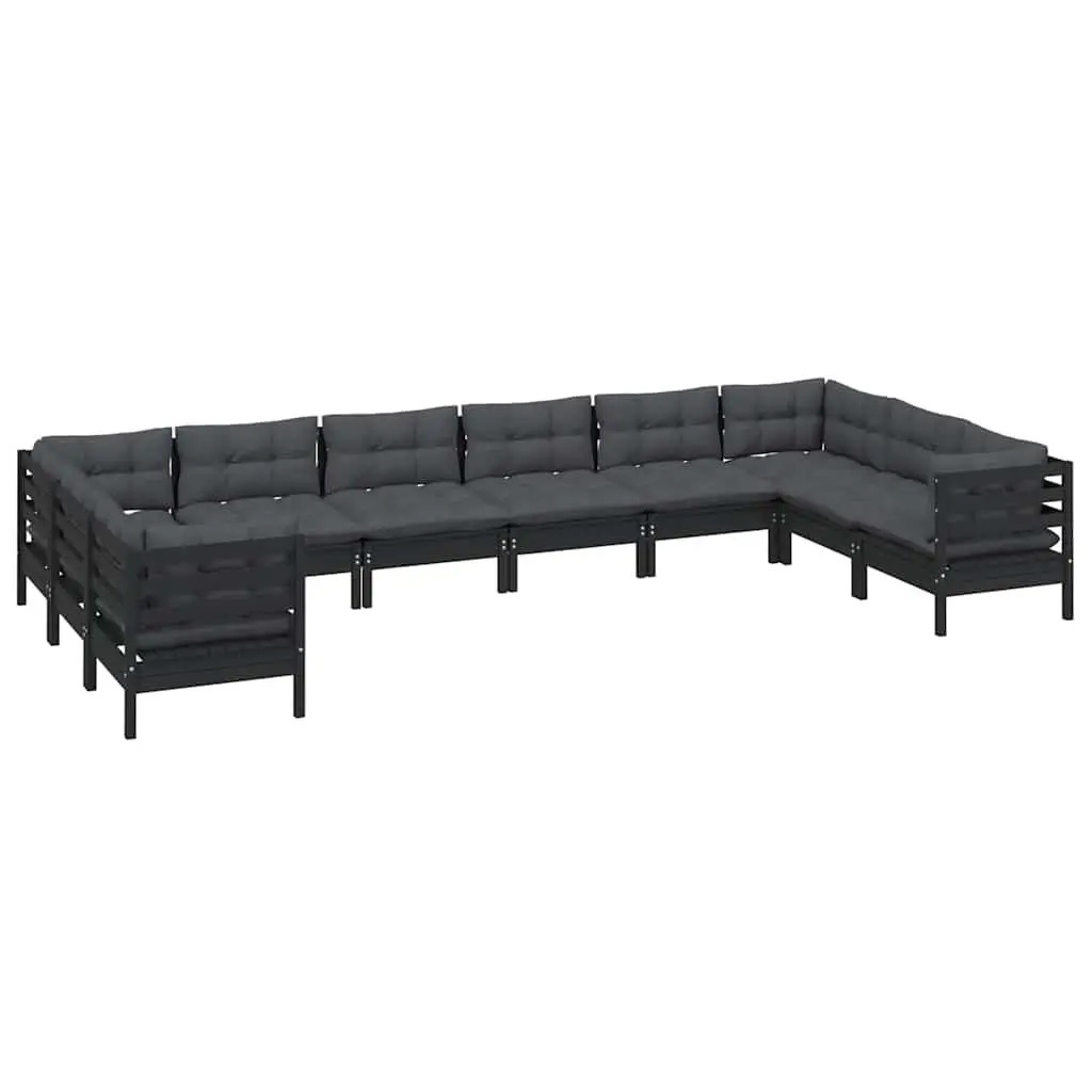 Garden Lounge Set 10 Piece Black Pinewood Outdoor Furniture with Cushions