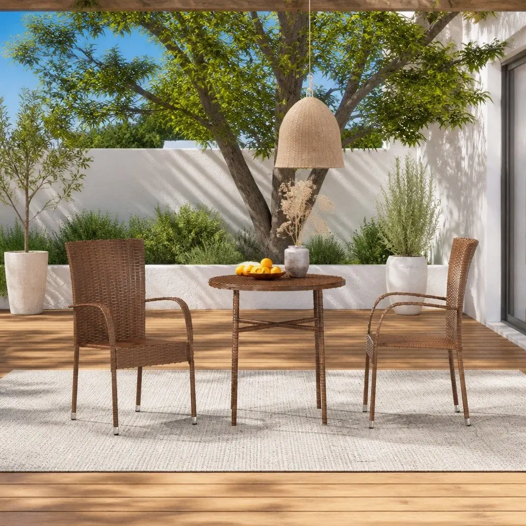 Garden Dining Set Outdoor Patio Furniture 3 Piece Brown Poly Rattan Table Chairs
