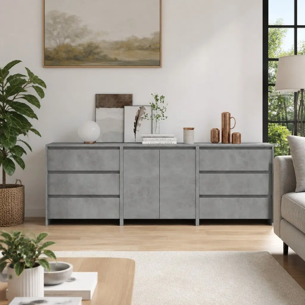 3 Piece Sideboard Grey Storage Cabinet Buffet Dresser Living Room Furniture
