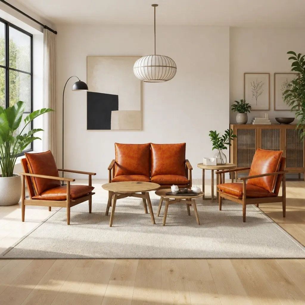 3 Piece Sofa Set with Acacia Frame and Goat Leather