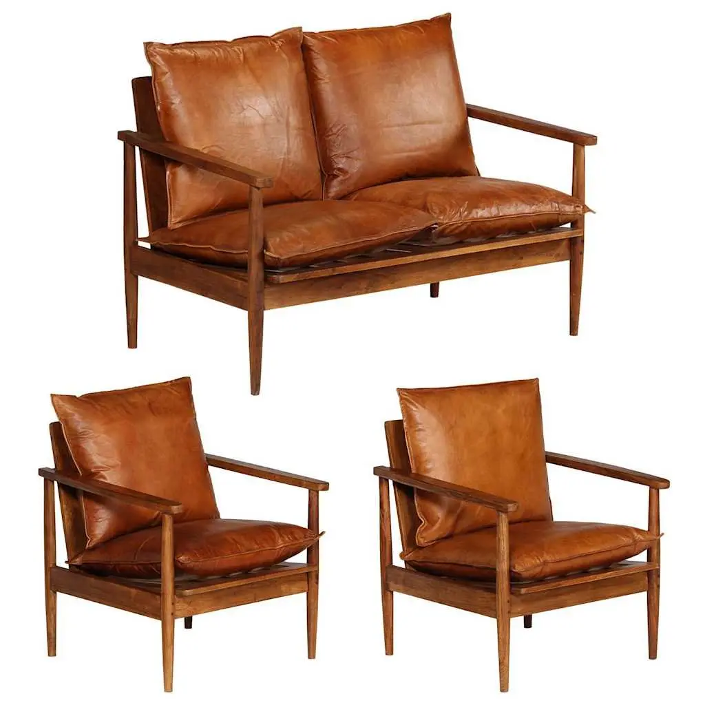 3 Piece Sofa Set with Acacia Frame and Goat Leather
