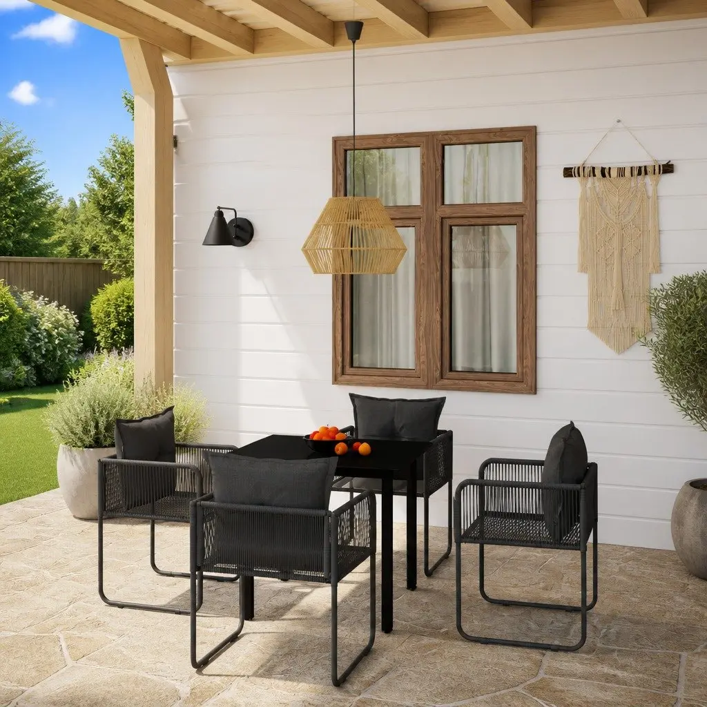 5 Piece Garden Dining Set Outdoor Patio Furniture Black Glass Table Rattan