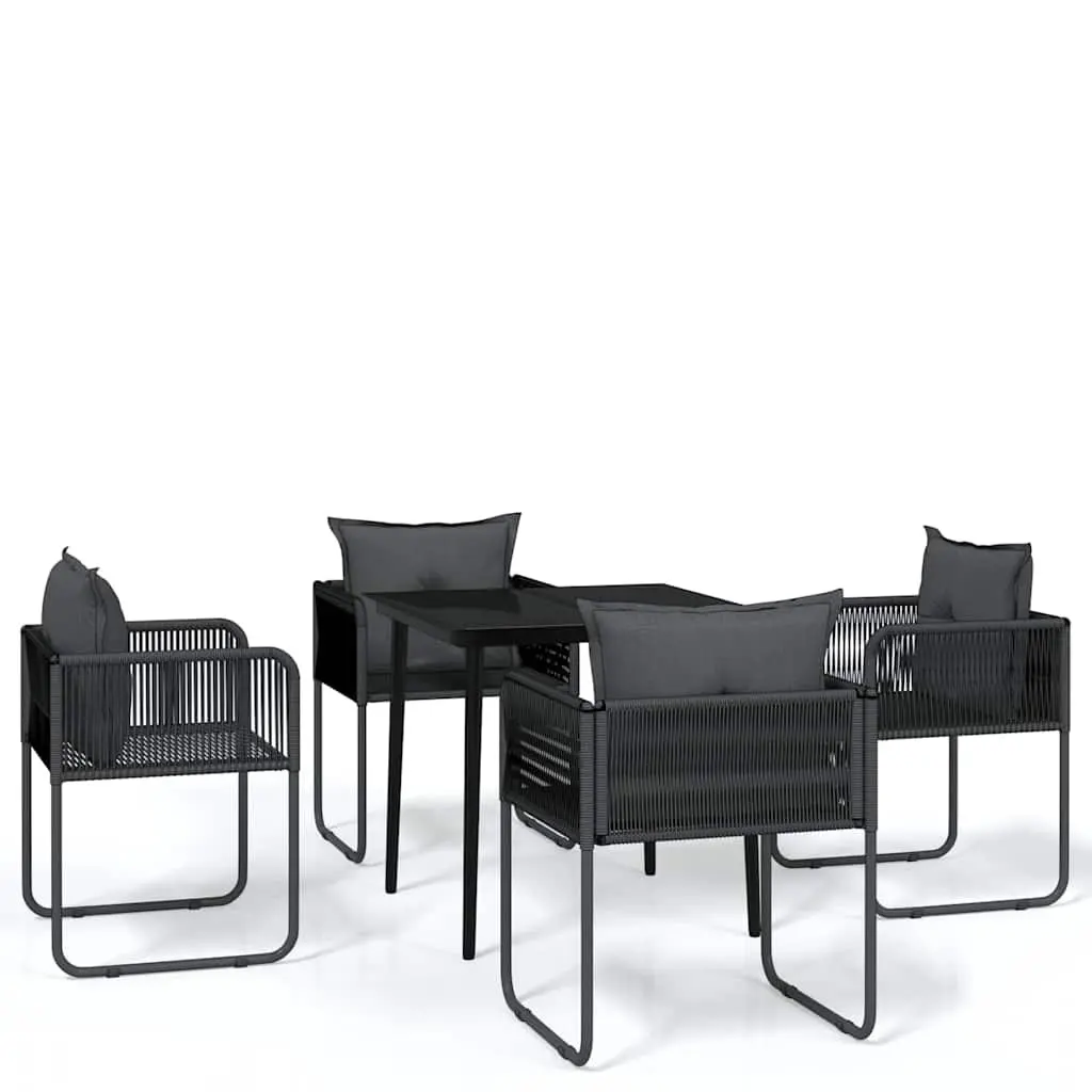 5 Piece Outdoor Dining Set Black Steel Frame Glass Table Rattan Chairs