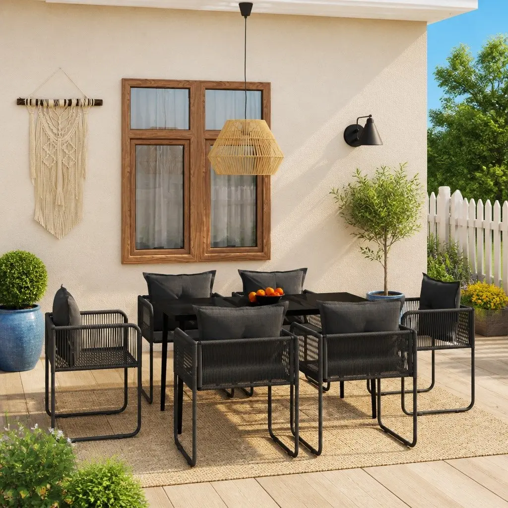 Outdoor Dining Set 7 Piece Rattan Chairs Black Steel Frame Glass Table for Garden and Patio