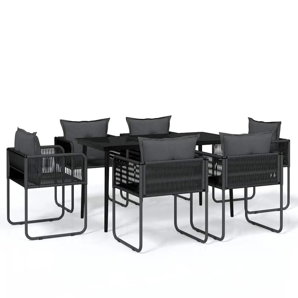 Outdoor Dining Set 7 Piece Rattan Chairs Black Steel Frame Glass Table for Garden and Patio