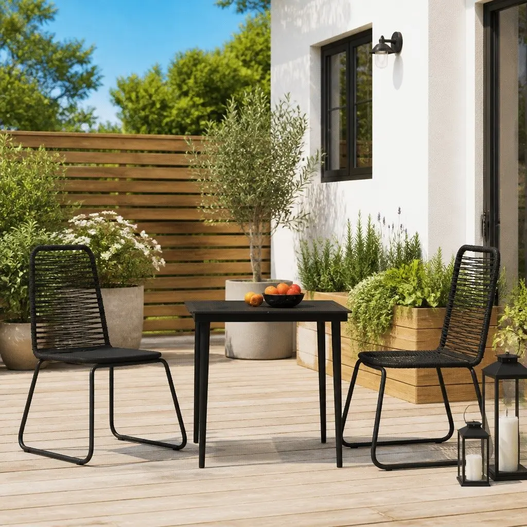 3 Piece Outdoor Dining Set with Black Glass Table and Rattan Chairs for Garden Use
