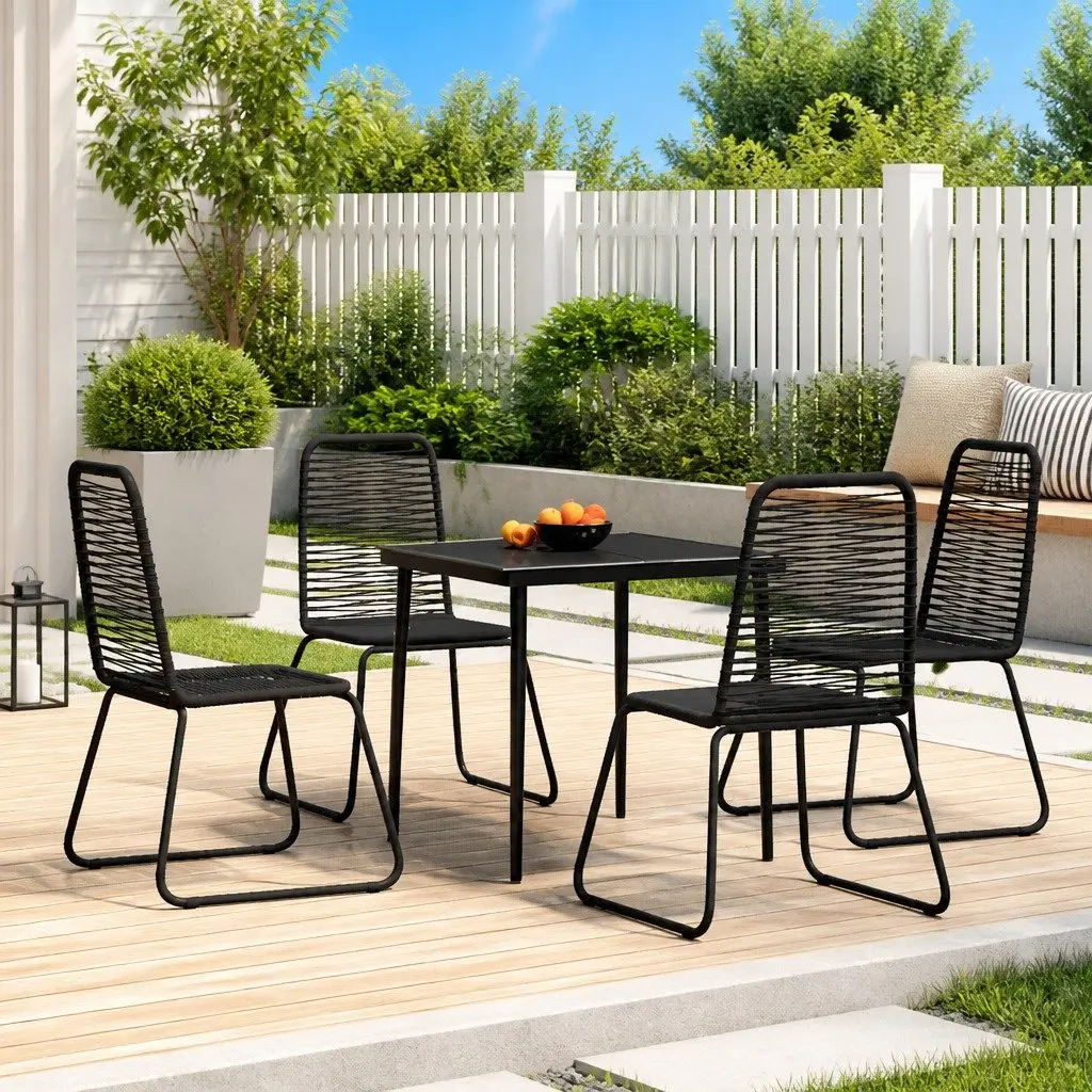 5 Piece Outdoor Dining Set Black Glass Table and Rattan Chairs Garden Patio