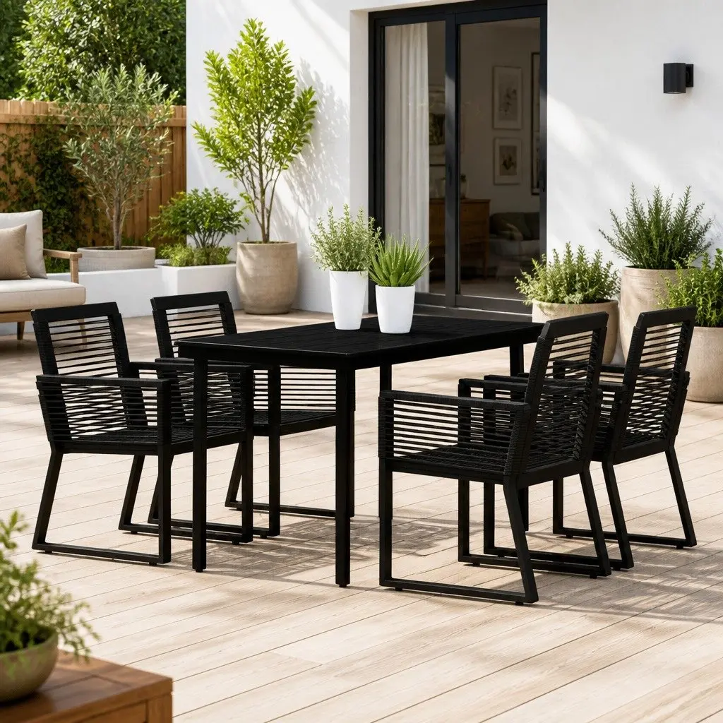 Black Garden Dining Set 5 Piece Outdoor Table Chairs Steel Frame Glass Top
