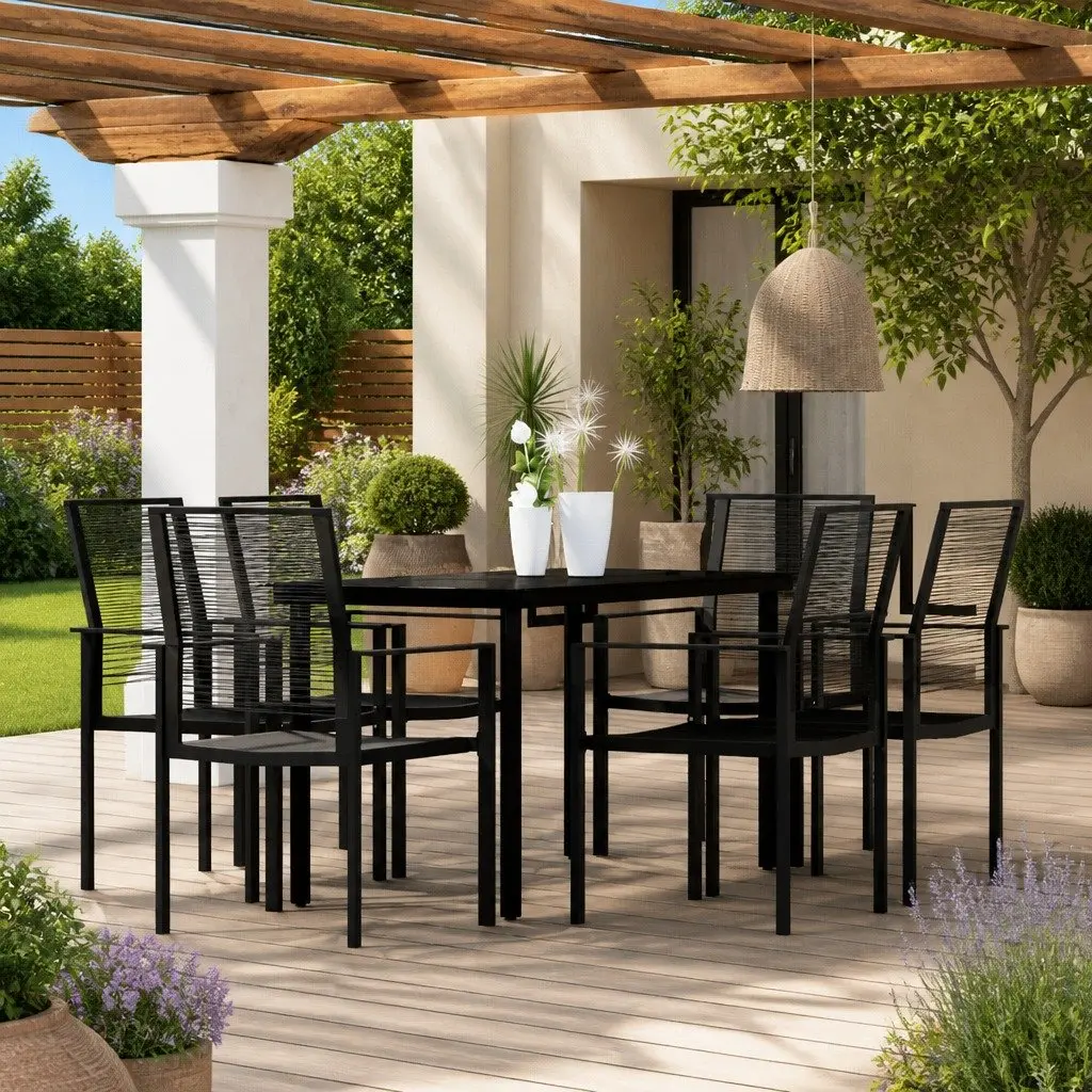 7 Piece Outdoor Dining Set Black Glass Table Rattan Chairs