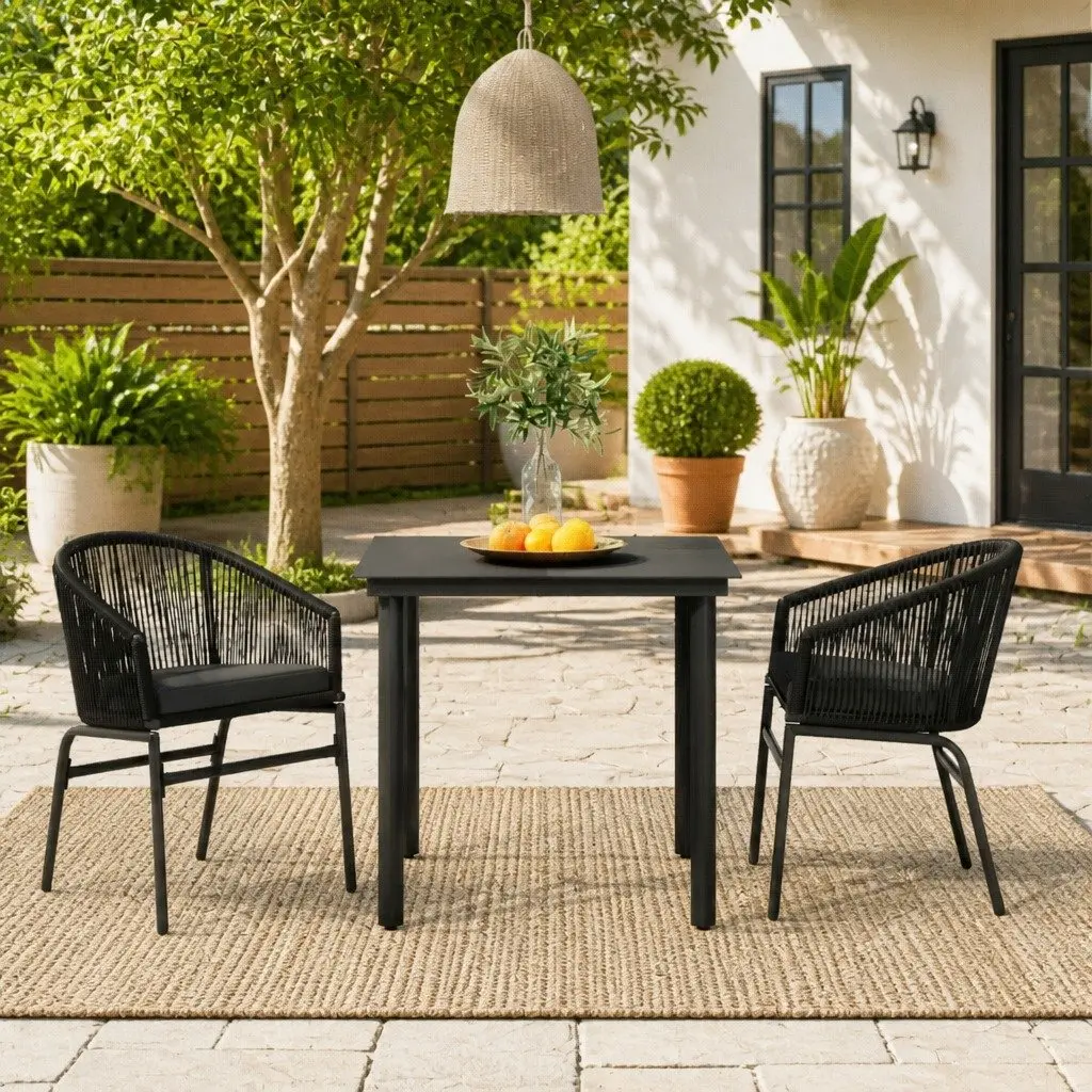 Outdoor Dining Set Black Rattan Chairs Glass Table Garden Patio 3 Piece