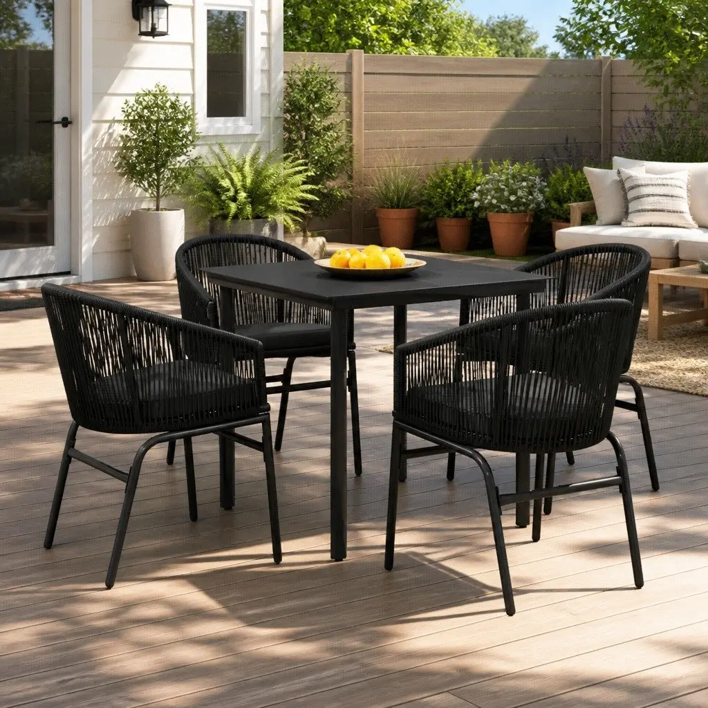 5 Piece Outdoor Dining Set Garden Patio Table Chairs Black Glass Steel Frame