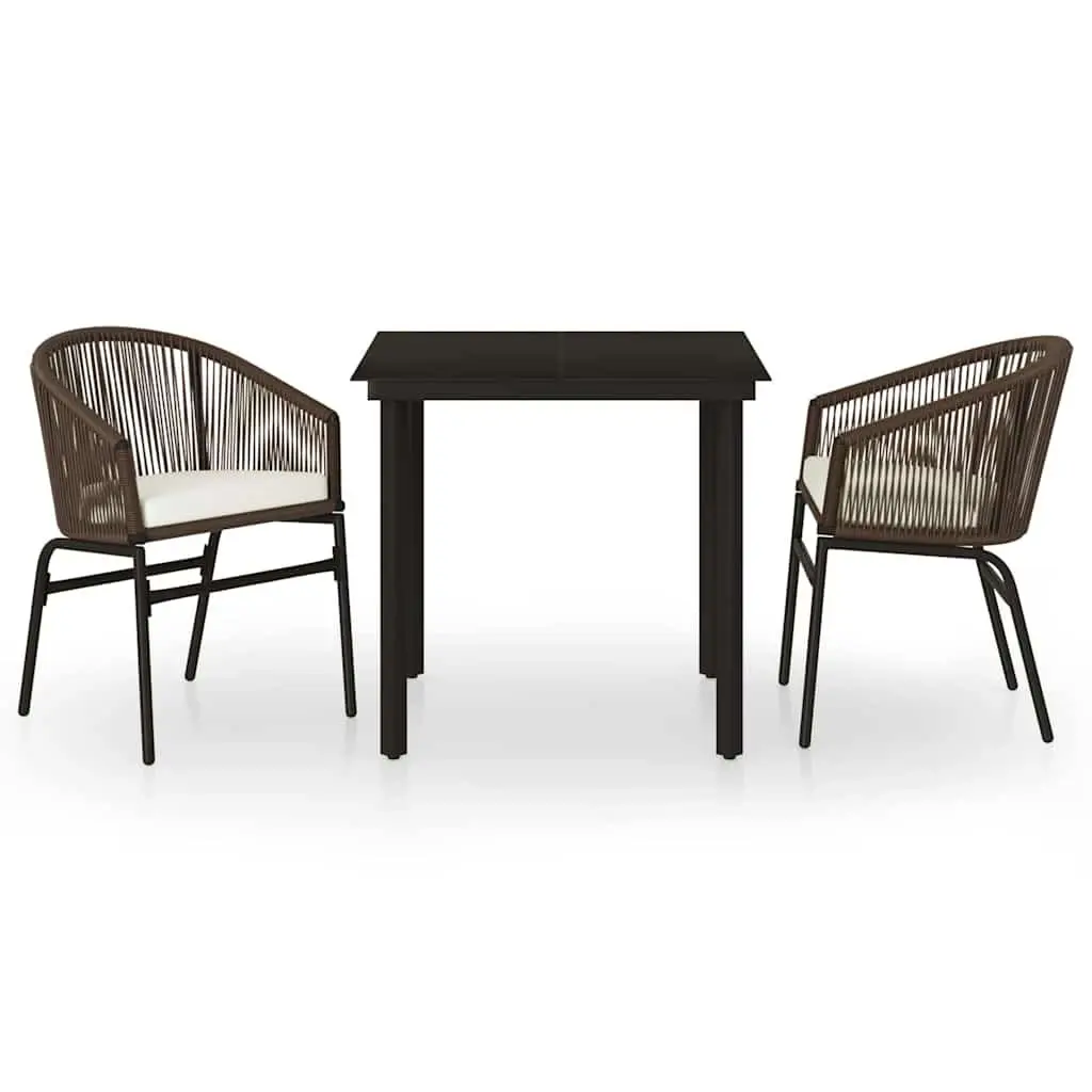 3 Piece Garden Dining Set Outdoor Patio Table Chairs Brown Steel Frame Glass Top