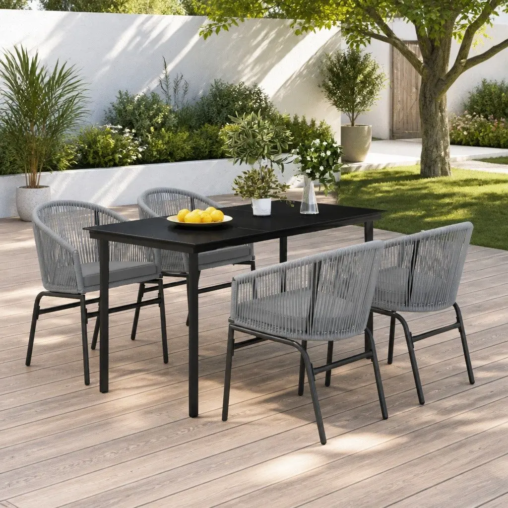 5 Piece Patio Dining Set Grey Glass Table Steel Frame Cushioned Chairs Outdoor