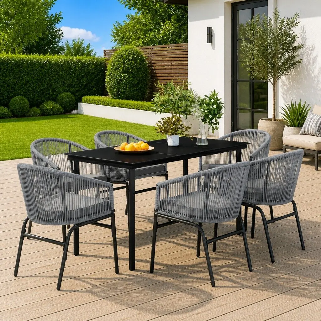 7 Piece Garden Dining Set Grey Outdoor Patio Furniture Steel Frame Glass Table