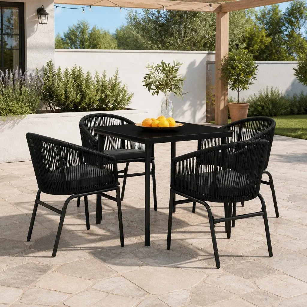 Outdoor Dining Set 5 Piece Glass Table Steel Frame Rattan Chairs with Cushions Black