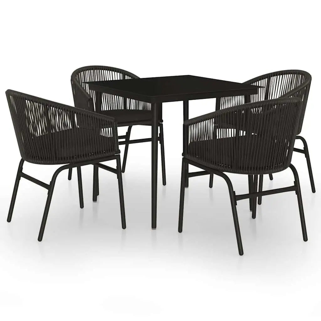 Outdoor Dining Set 5 Piece Glass Table Steel Frame Rattan Chairs with Cushions Black