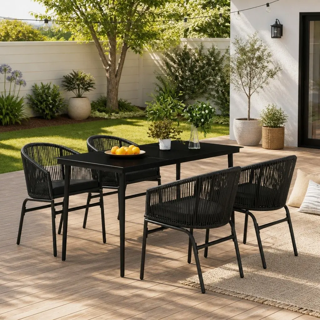 Garden Dining Set 5 Piece Outdoor Patio Furniture Black Glass Table Chairs